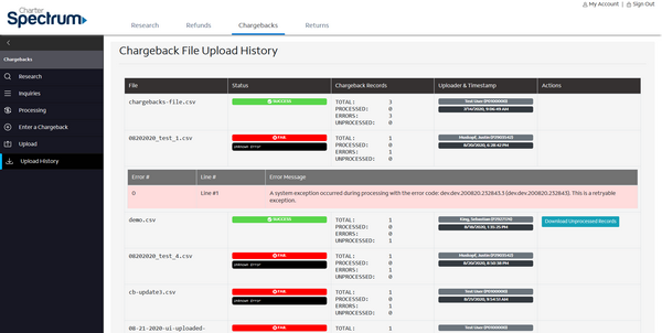 Chargebacks - Upload History