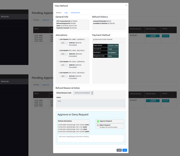 Refunds - Pending Approvals Modal